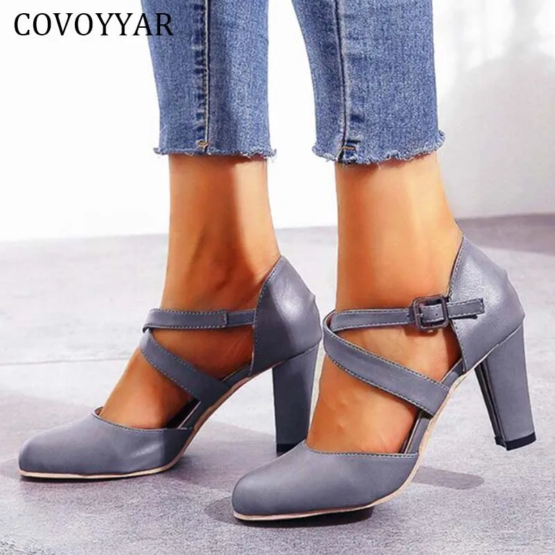 

COVOYYAR Spring Women Pumps Dress Work Office Shoes Woman Pu Leather High Heels Roma Cross-tied Mary Jane Plus Size 35-43 WHH218