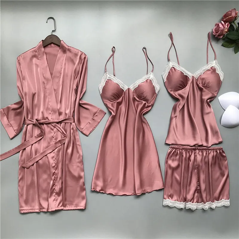 

Fiklyc underwear 4 pieces women's short pants summer pajamas sets female luxury lace satin patchwork nightwear home clothing HOT