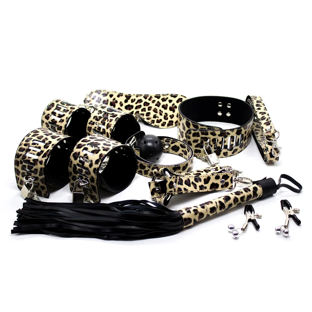 

Leopard Print Leather 8pcs Handcuffs Bondage Sex Product New Love Toys For Couples Bdsm Slave Nipple Clamps Gag Flirt Games Toy