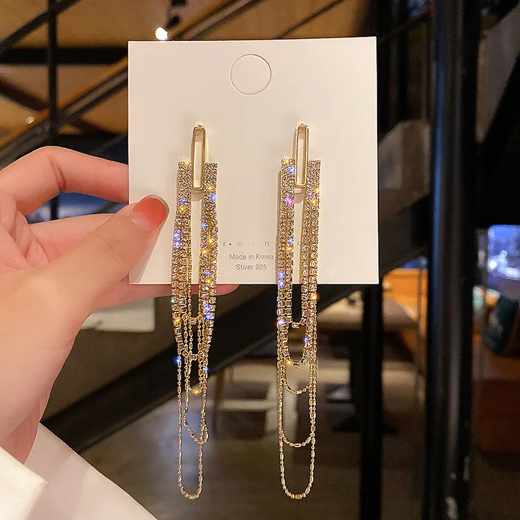 

Korean Fashion Geometry Long Tassel Earrings Gold Plated Shining Rhinestone Earrings Fashion Design Jewelry Birthday Gift