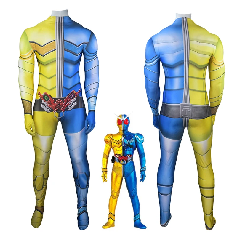 

Hot TV Series Kamen Rider Double Cosplay Costume Zentai Bodysuit Masked Rider Luna Trigger Unisex One-Piece Yellow Blue Jumpsuit