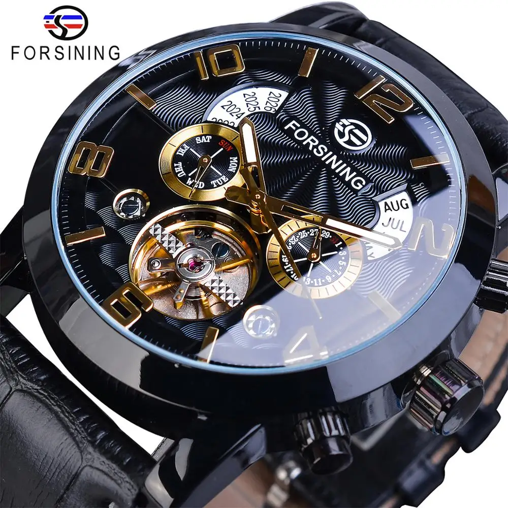 Forsining Tourbillion модные волны черный золотой часы многофункциональный дисплей Мужские автоматические механические часы лучший бренд класса люкс