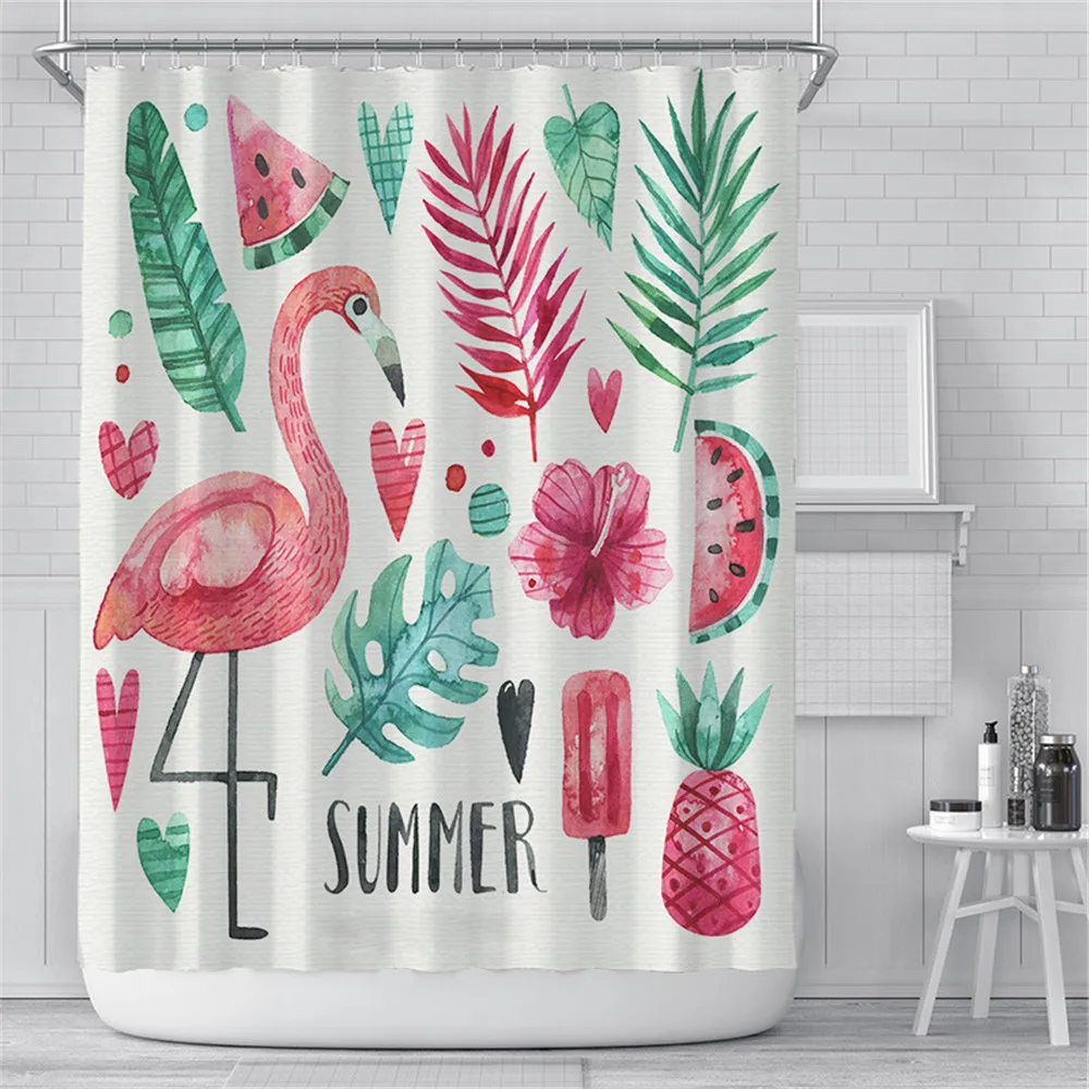 

Tropical Tree Flamingo Cartoon Shower Curtain Palm Leaf Monstera Bathroom Decor Screen Waterproof Bath Curtains