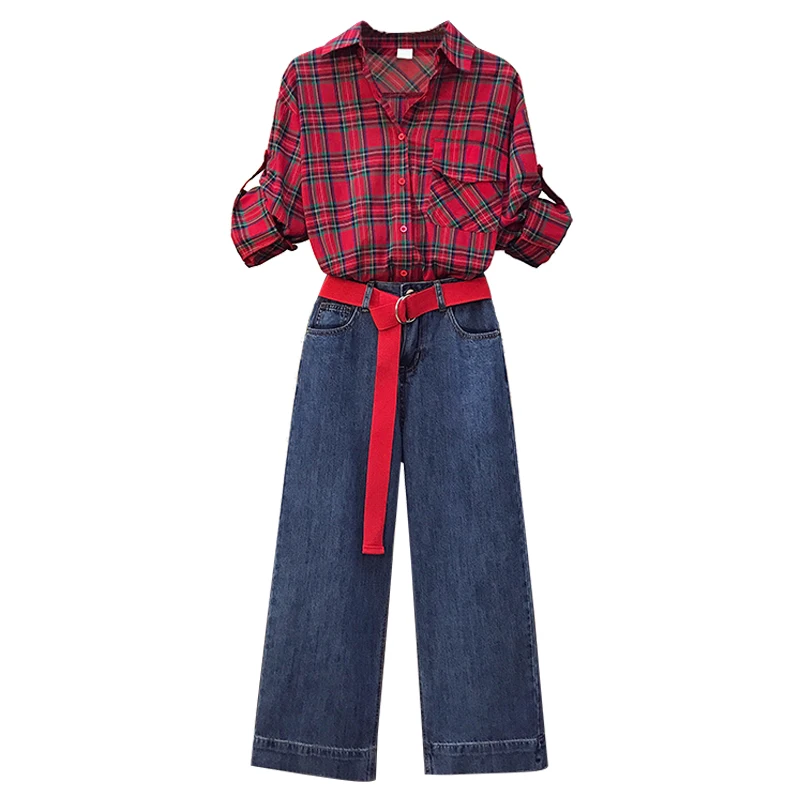 

Big Yards Women'S Clothing Set 2021 Spring New Younger Sister Jeans Plaid Red Shirt Denim Pants Two-Piece Outfit