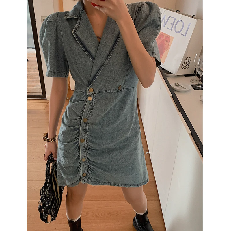 

2020 Summer New Fashion Women Loose Casual Sexy Denim Dresses Short-Sleeved Button Notched Shirt Dress Ukraine Female Vestidos