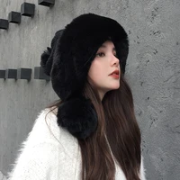 swak winter knit hat women fur bomber plush snow hats with ball female solid novelty hip hop beanie outdoor ear protection cap