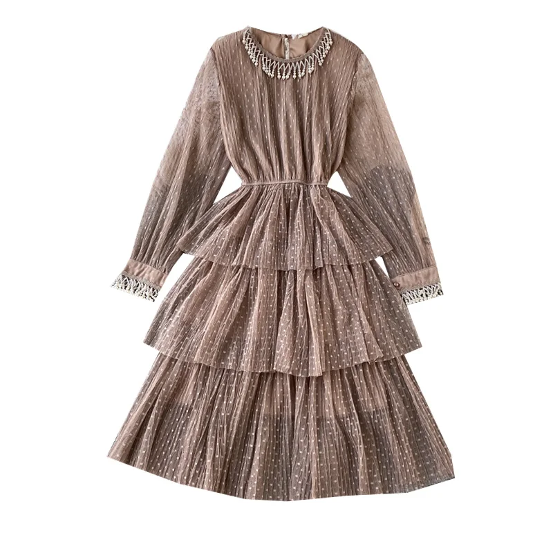 2020 весенне осеннее Новое корейское кружевное газовое платье с длинными рукавами