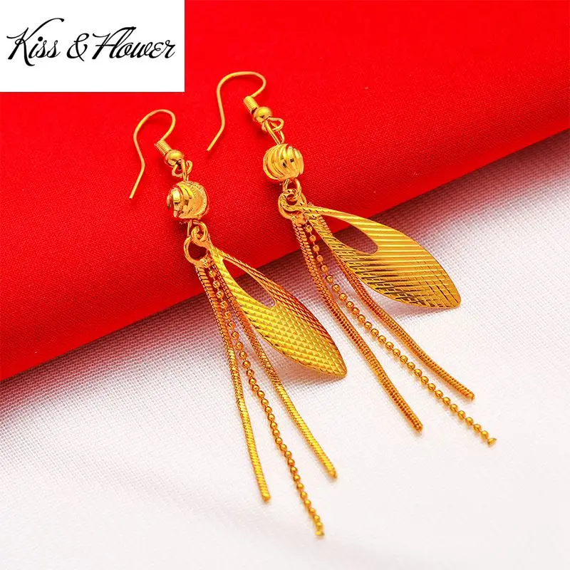 

KISS&FLOWER ER46 2022 Fine Jewelry Wholesale Fashion Woman Girl Birthday Wedding Gift Vintage Leaf Tassel 24KT Gold Drop Earings
