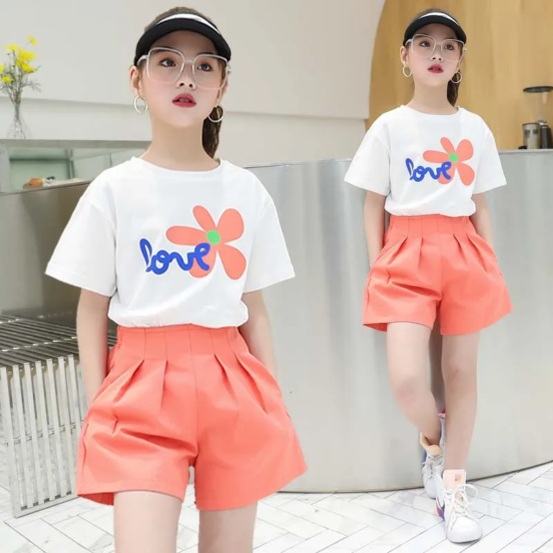 

Summer Fashion Clothes Sets Cotton T-shirt +shorts 2pcs 4-12Y Girls Suits Children Cute Tracksuit for Teenage Boutique Outfits