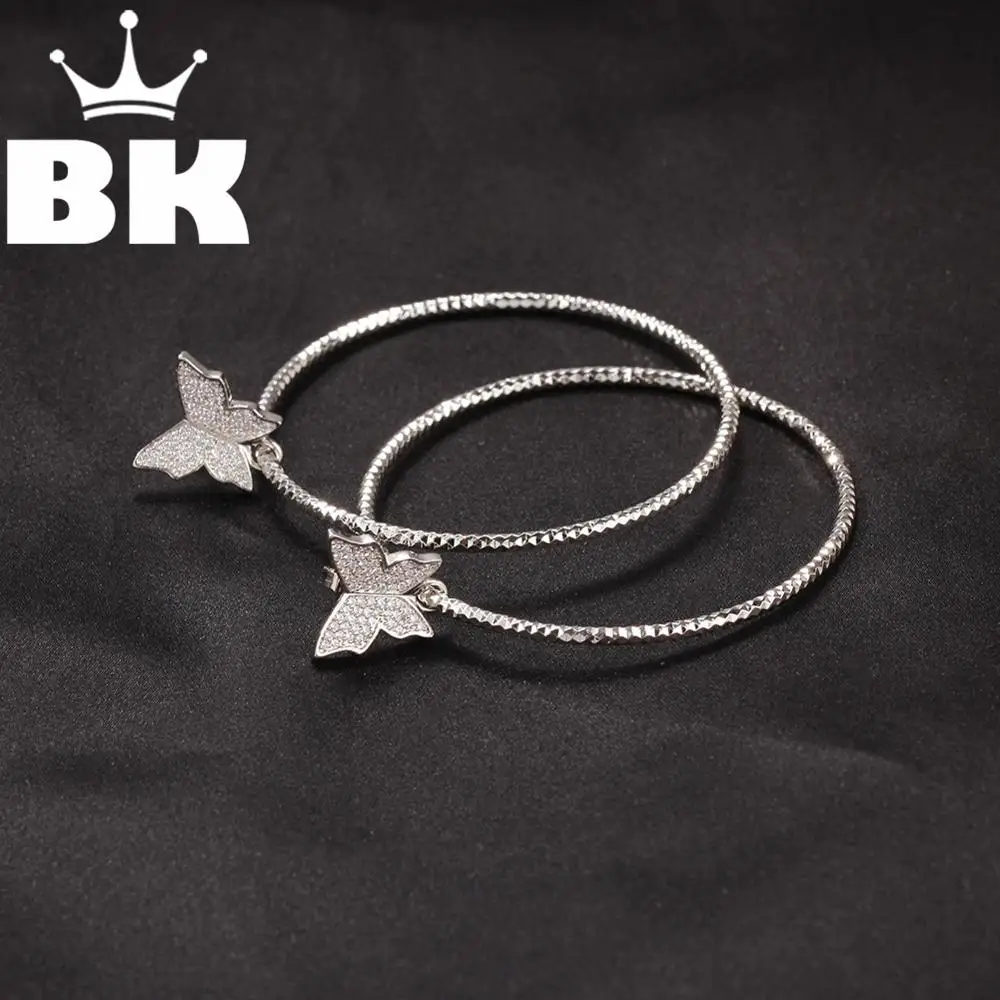 Большие круглые серьги бабочки в стиле хип хоп золотистого/серебристого цвета с