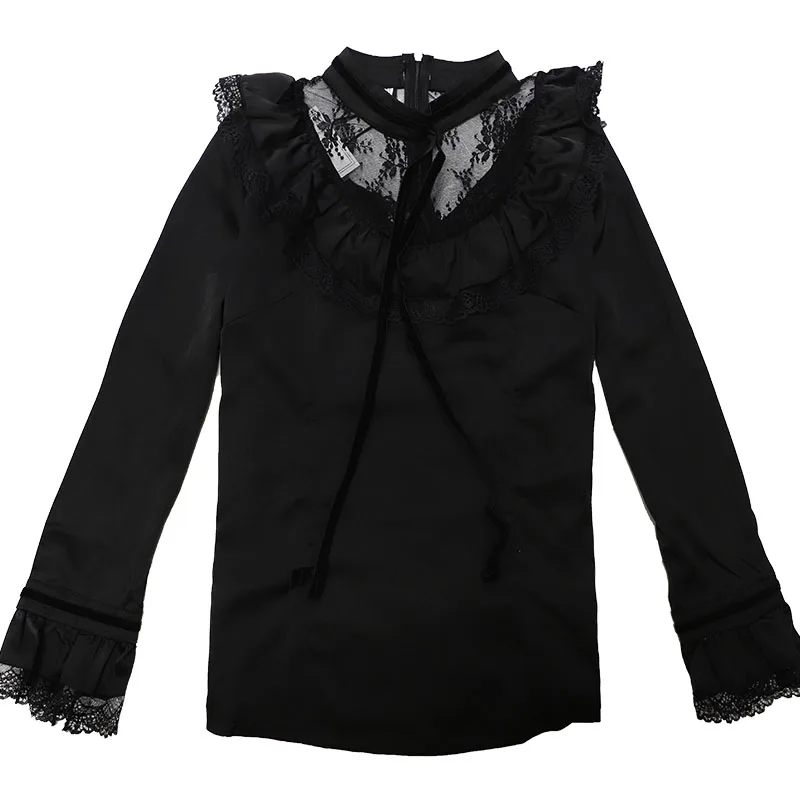 

Korean Fashion Pullover T-shirt Patchwork Lace Tees 2019 Spring Autumn Women Sexy Lace Up Flare Sleeve T Shirts Clothes T9N701