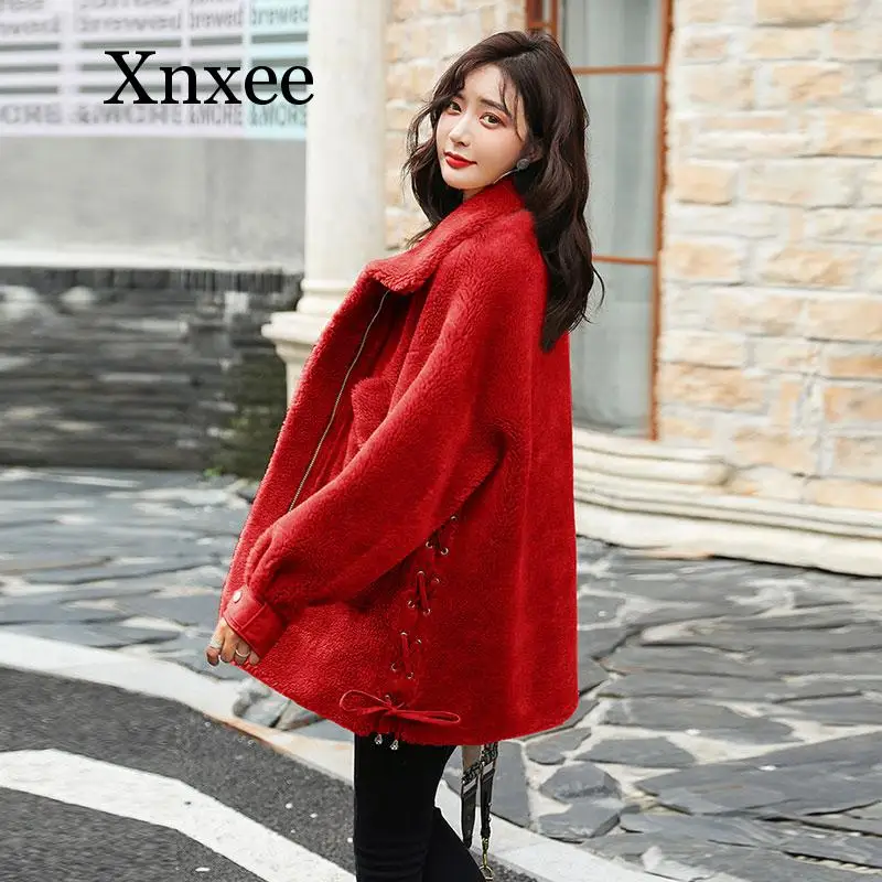 Winter Fur Coat Women Sheep Shearing Wool Fur short Jacket  Loose  Pocket Adustable Waist  Kawaii vintage korean