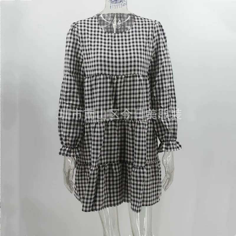 

Ruffle Stitching Pullover Dresses For Women 2021 Autumn New Long-Sleeved Round Neck Large Swing Plaid Loose Dress Robe Femme