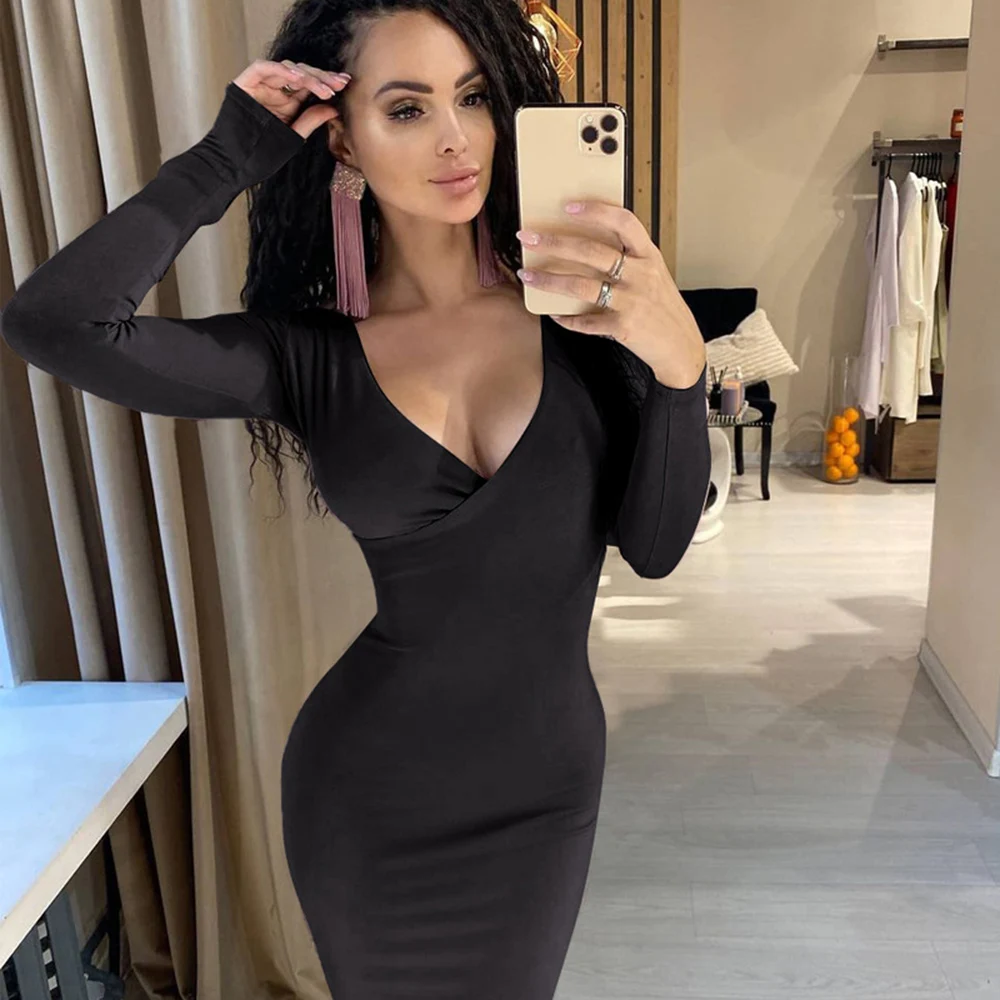 

Office Lady Elegant Deep V-neck Bodycon Dress Fashion Slim Long Sleeve Bag Hip Party Mini Dresses For Women Autumn Black Dress