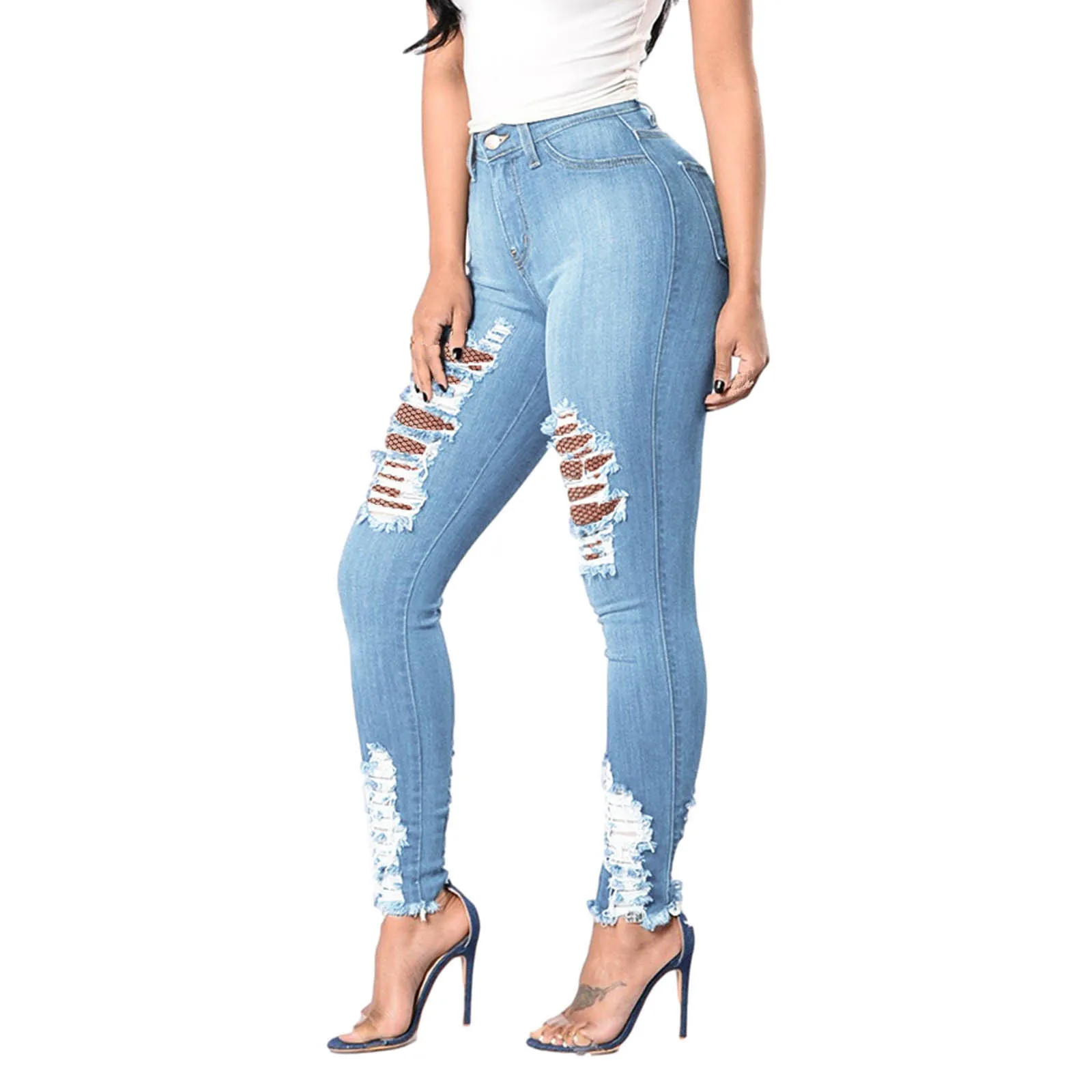 

Women's 2021 New Fashion And Casual Solid Colour Holes Excoriation Pocket High-Waisted Slimming Thin Pencil Jeans Long Trousers