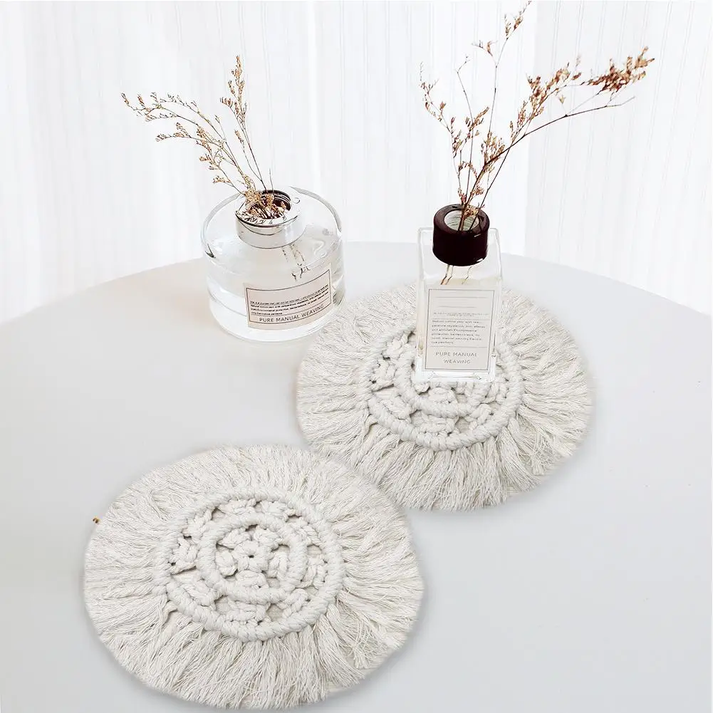 

Round Placemats Cup Mat Handmade BohoTablecloth Coaster Nonslip Handcrafted Cotton Heat Insulation Cup Pad Home Decoration