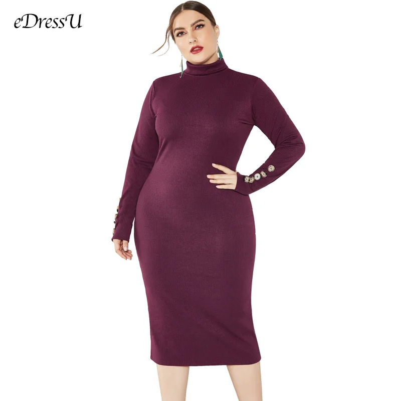 

eDressU Sweater Dress Women Turtleneck Knit Dress Autumn Winter Dress Buttons Solid Grey Pullover Office Daily Dress LMT-8002