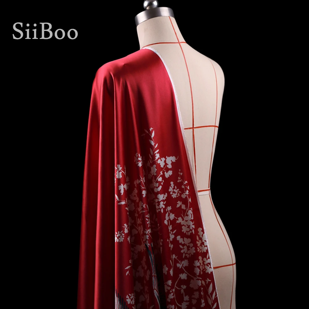 Роскошная красная шелковая ткань из спандекса с цветочным принтом для платья tissu