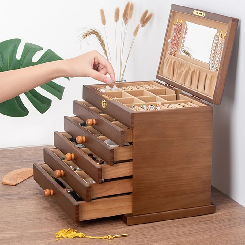 

Solid Wood Six-Layer Jewel Box Large Capacity With Lock Retro Eardrop Earrings Necklace Jewelry Gift