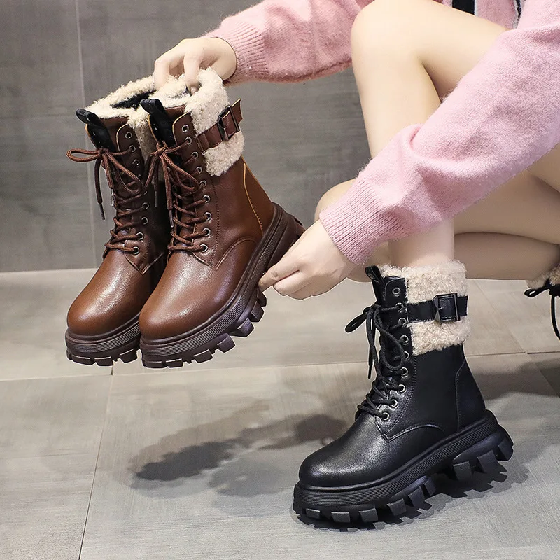 

Martin Boots for Women Winter Warm Casual Shoes New Fashion Thick Platform PU Womans Furry Cotton Shoes Solid Female Short Boots