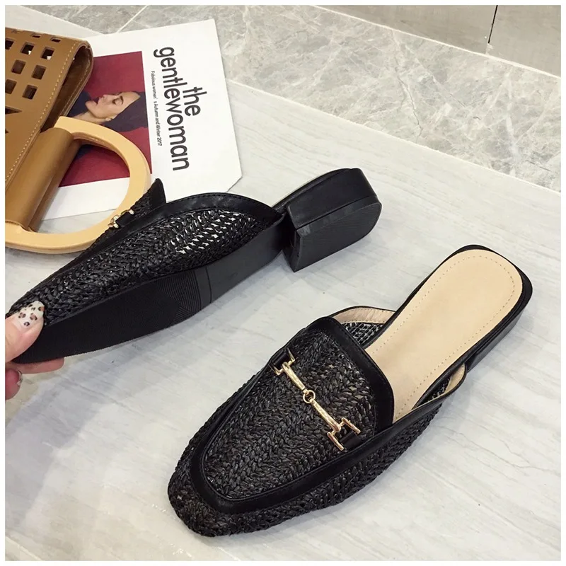 New Fashion Women Mules Slipper Low Heel Slip On Slide Sandals Cane Woven Beach Summer Slippers Flat Sandals