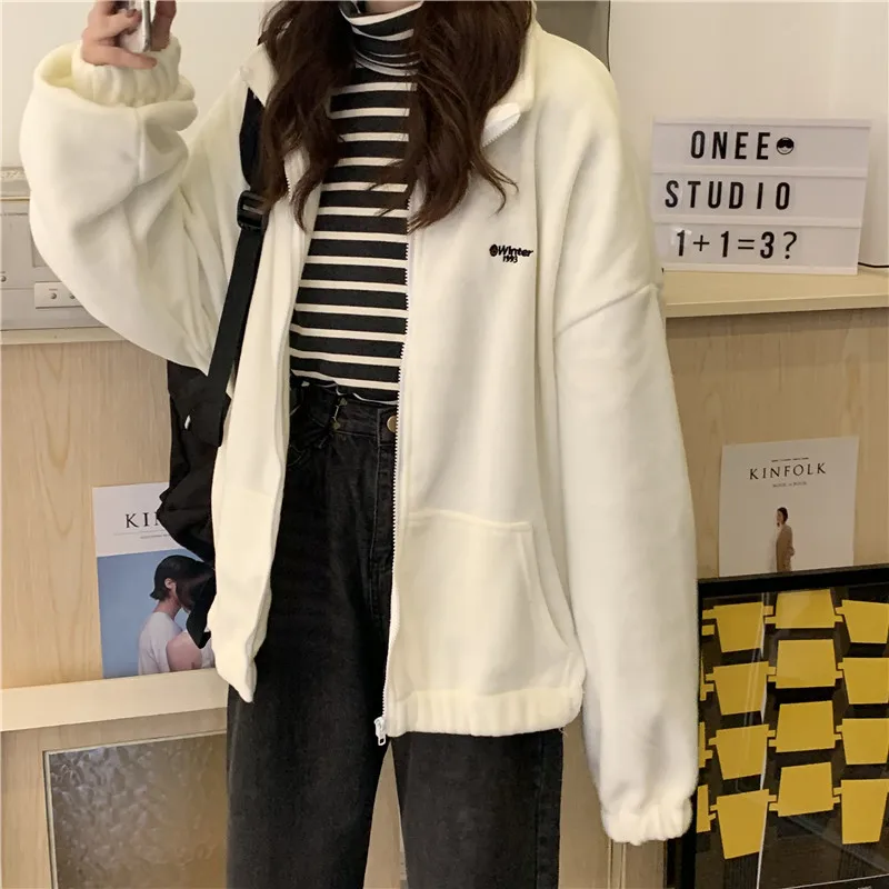 

Zoki Zip Up Hoodie Women Sweatshirt Loose Pockets Letter Casual Harajuku Streetwear Tops Female Clothes Trendy Spring New 2021