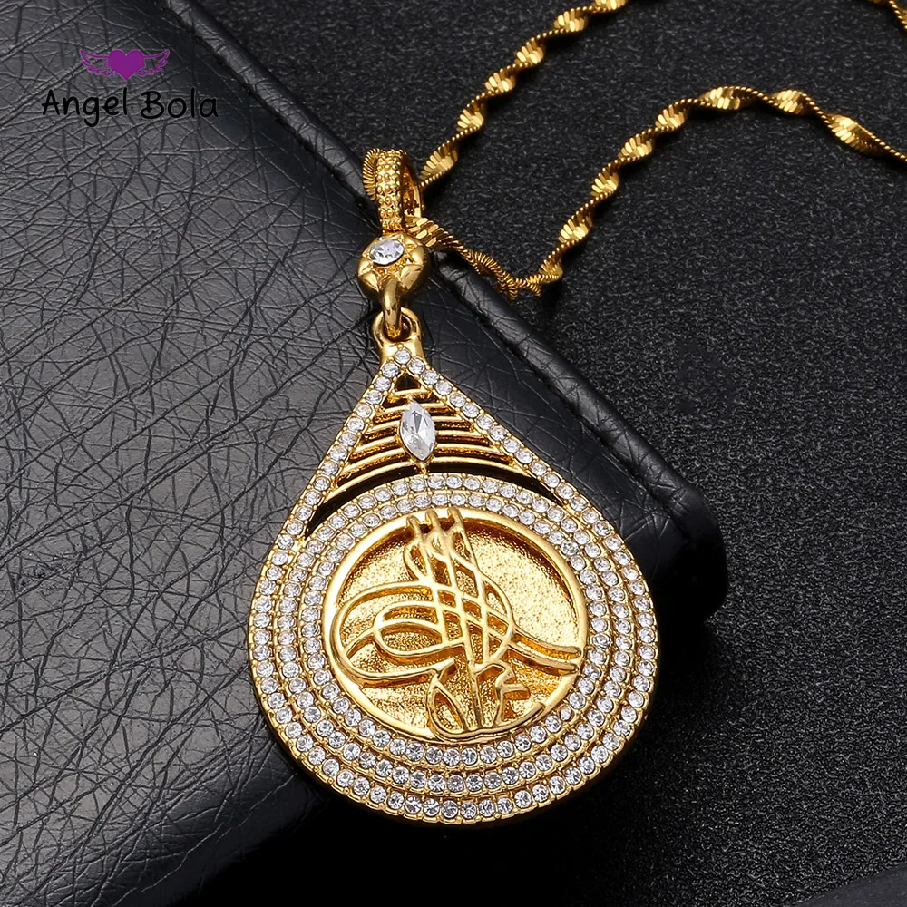 

Wholesale Turkey Coin Allah Pendant Muslim Arab Necklace for Women/Men Gold Color Metal Coins Jewelry Turk Gifts with Rhinestone