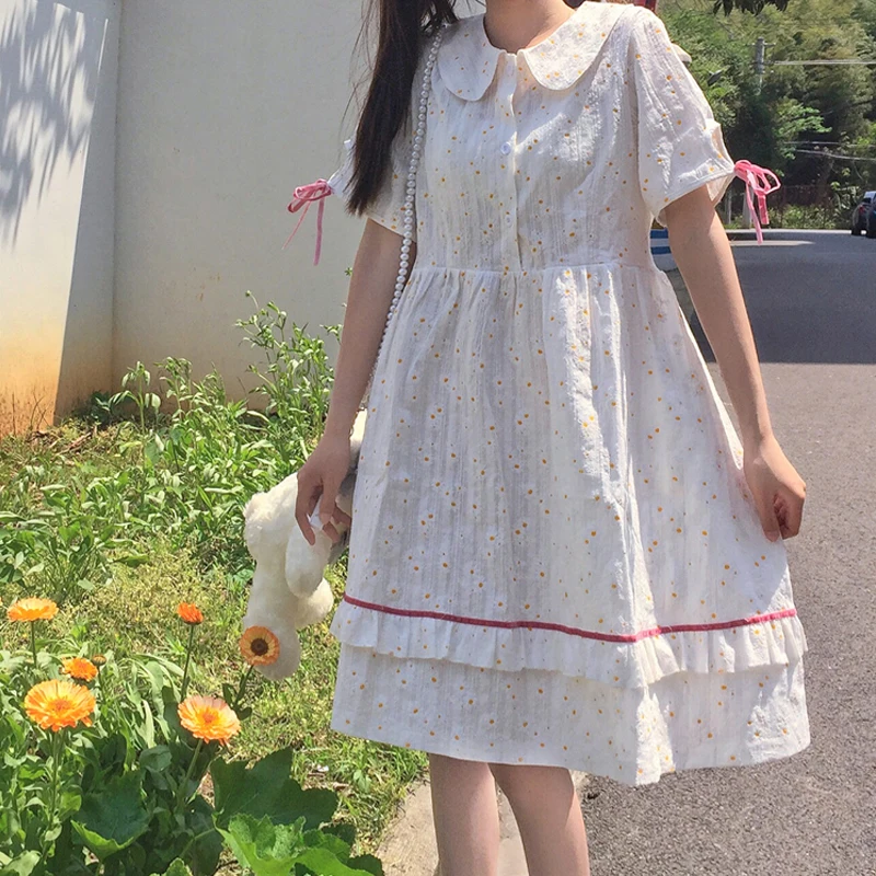 

Japanese Style Summer White Women's Dress Sweet Loose Bandage Peter Pan Collar Daisy Print Dress Short Sleeves Ruffles Dress