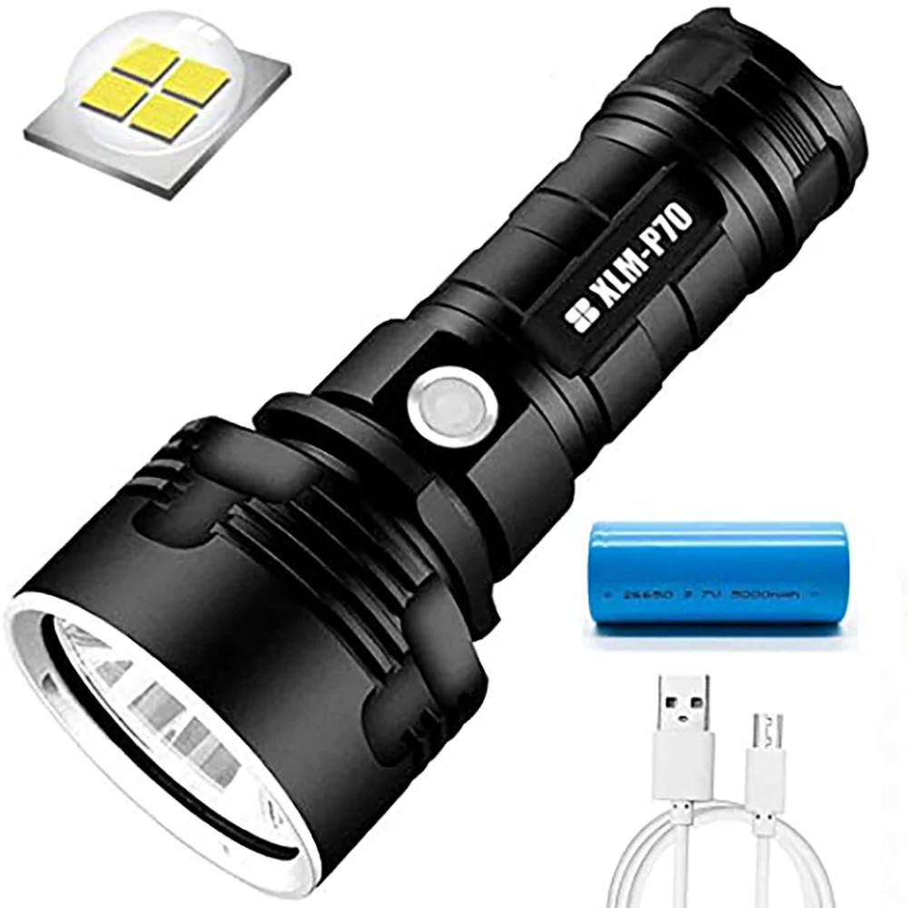 

Перезаряжаемый светодиодный фонарик 90000 лм, Модернизированный фонарик P70, 3 режима освещения, масштабируемый для экстренных ситуаций на отк...