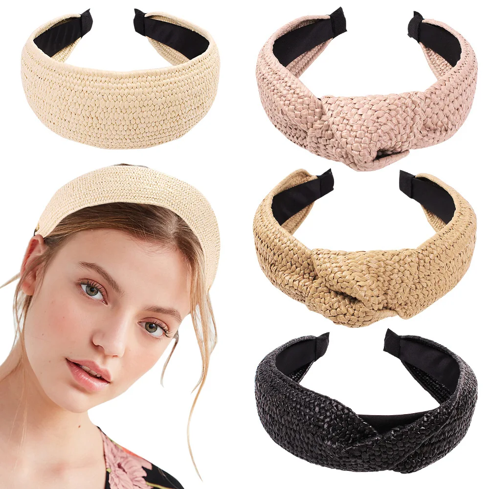 

Top Knotted Straw Weave Hairbands For Women Girls Korean Solid Wide Headband Turban Hair Hoop Bezel Summer Hair Accessories
