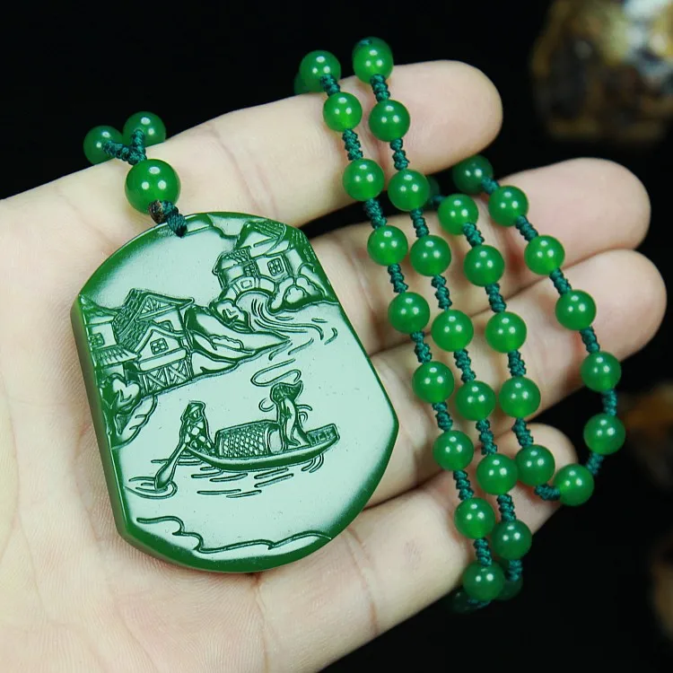 Chinese Natural Colour Jade Landscape Pendant Beads Necklace Hand-Carved Charm Jadeite Jewelry Fashion Gifts for Men Women | Украшения и