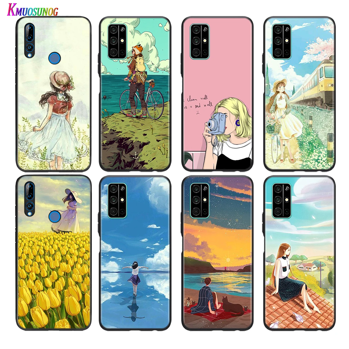 

Soft Black Cover Painting girl travel For Honor 30 30S V30 V20 9N 9S 9A 9C 20S 20E X10 20 7C Lite Pro Plus Phone Case