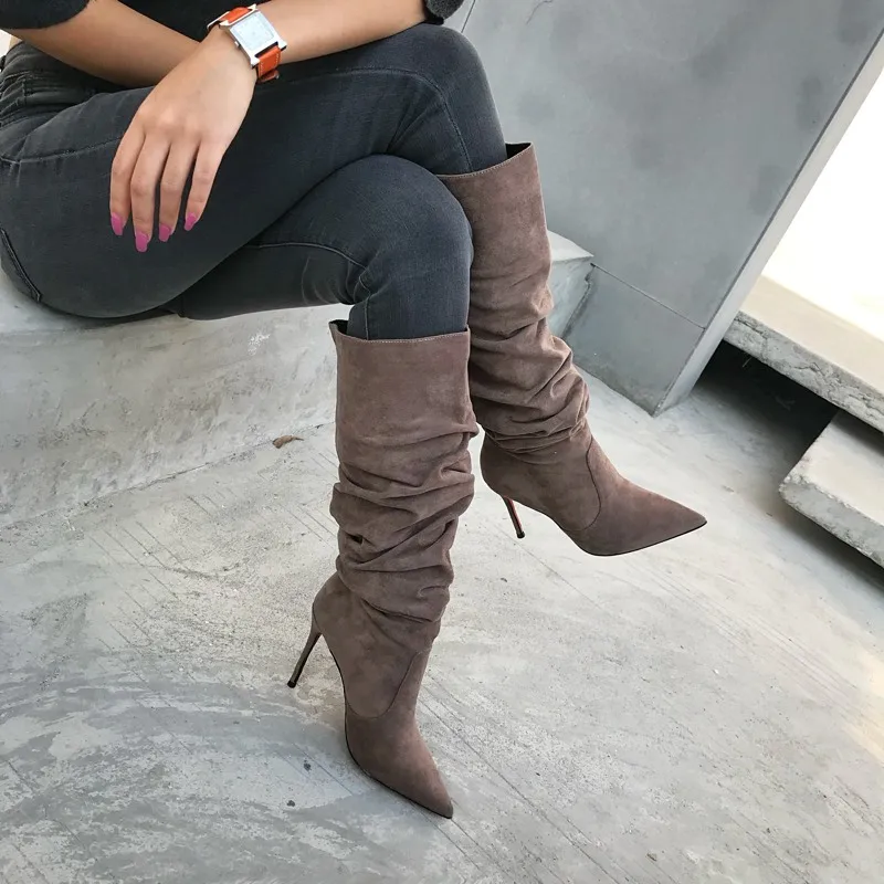 

Hot Selling Gray Suede Pleated Tall Boots Loose Pointed Toe Thigh High Boots Stiletto Heel Women Dress Shoes Plus Size 10
