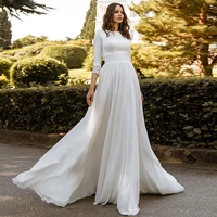 modest wedding dresses 2021 o neck satin and chiffon lace three quarter sleeve button sweep train bridal gown vestido de novia