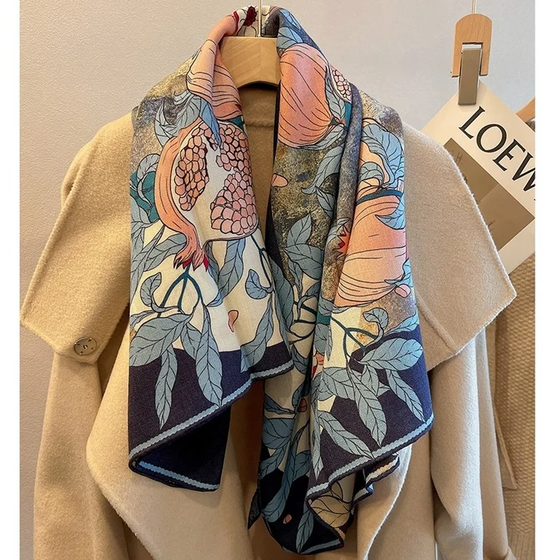 Manta gruesa para mujer, chal con estampado de flores de Granada, Foulard cálido de lujo de doble cara para invierno, 135x135cm