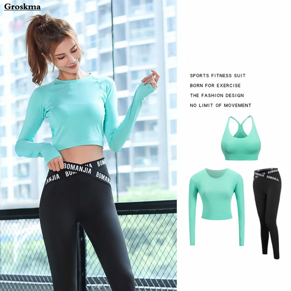 

Укороченный топ, футболка + сексуальный бюстгальтер + штаны, Женский комплект из 3 предметов для йоги, фитнеса, тренажерного зала, спортивные костюмы для бега 2020, быстросохнущая сетчатая одежда