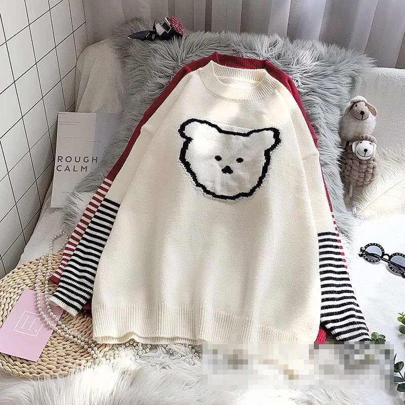 

Korejepo Women Sweater 2021 Autumn New Korean Chic Sweet Cute Bear Printed Sweater Loose Stitching Striped Knitted Female Tops