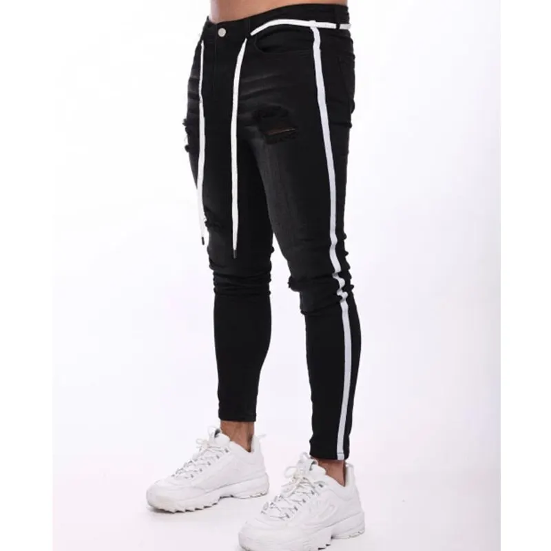 

Trendy Men Skinny Jeans Biker Destroyed Frayed Fit Denim Ripped Denim Pants Side Stripe Pencil Pants Hip Hop Streetwear