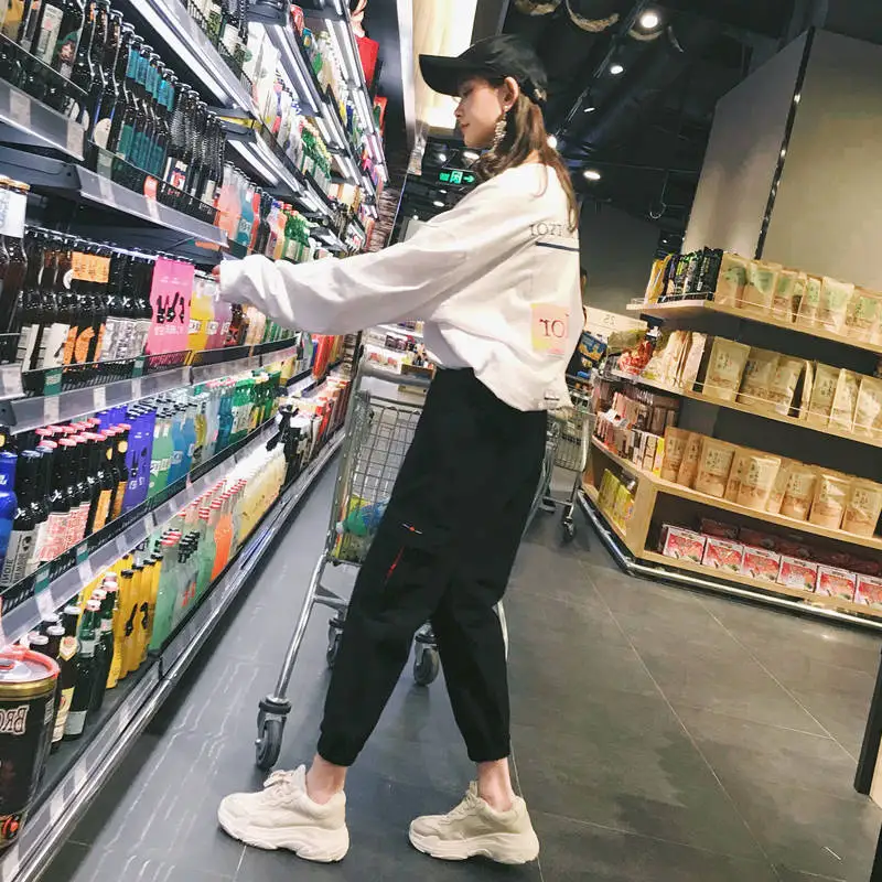 

Women's Spring Autumn Style Cargo Pants Women's Sports Pants Drawstring High Waist Pockets Casual Ankle-Length Pants KK0254