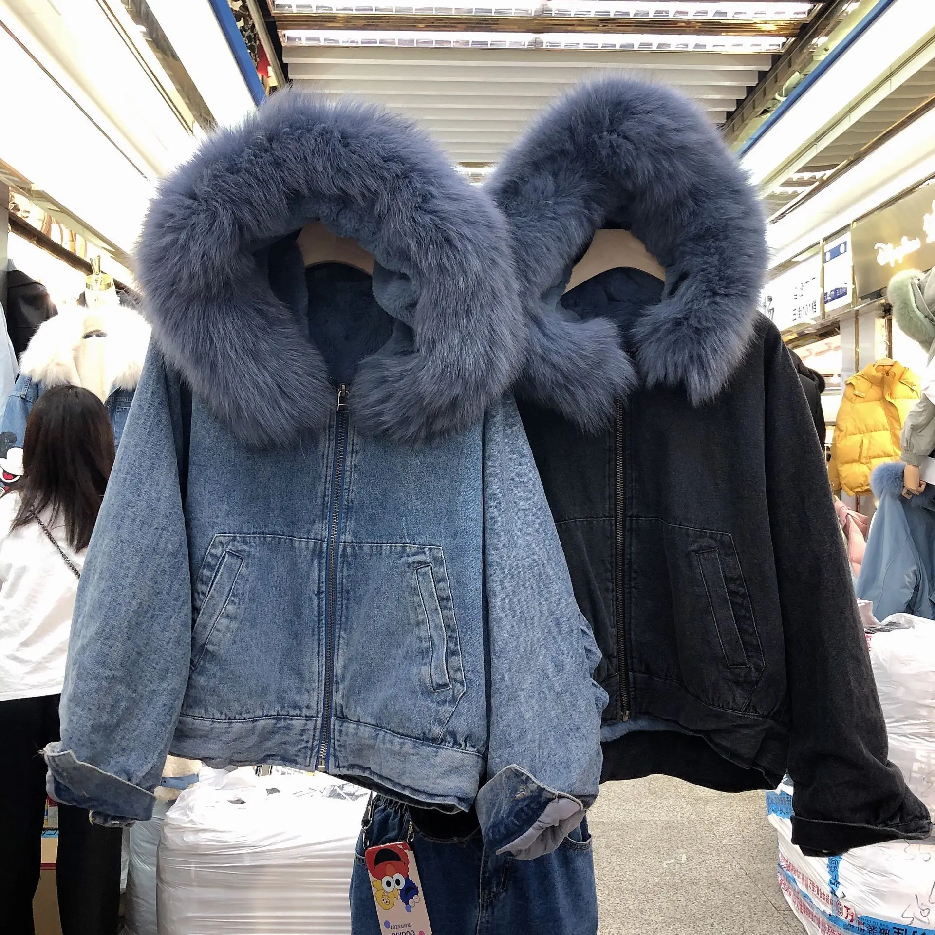 2019 зимняя джинсовая парка для женщин Воротник из натурального Лисьего меха с