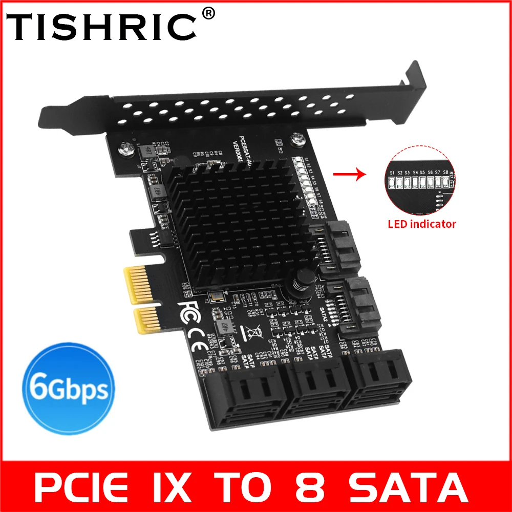 Плата расширения TISHRIC Pcie 1X К 8 SATA PCI Express Райзер с усилителем контроллер PCI-E X16 для HDD