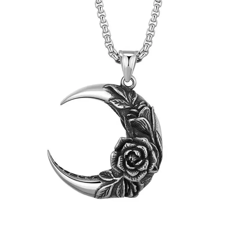 Retro Punk Cool Metal Engraved Rose Crescent Moon Pendant Stainless Steel Necklace for Men Charm Party Prom Jewelry