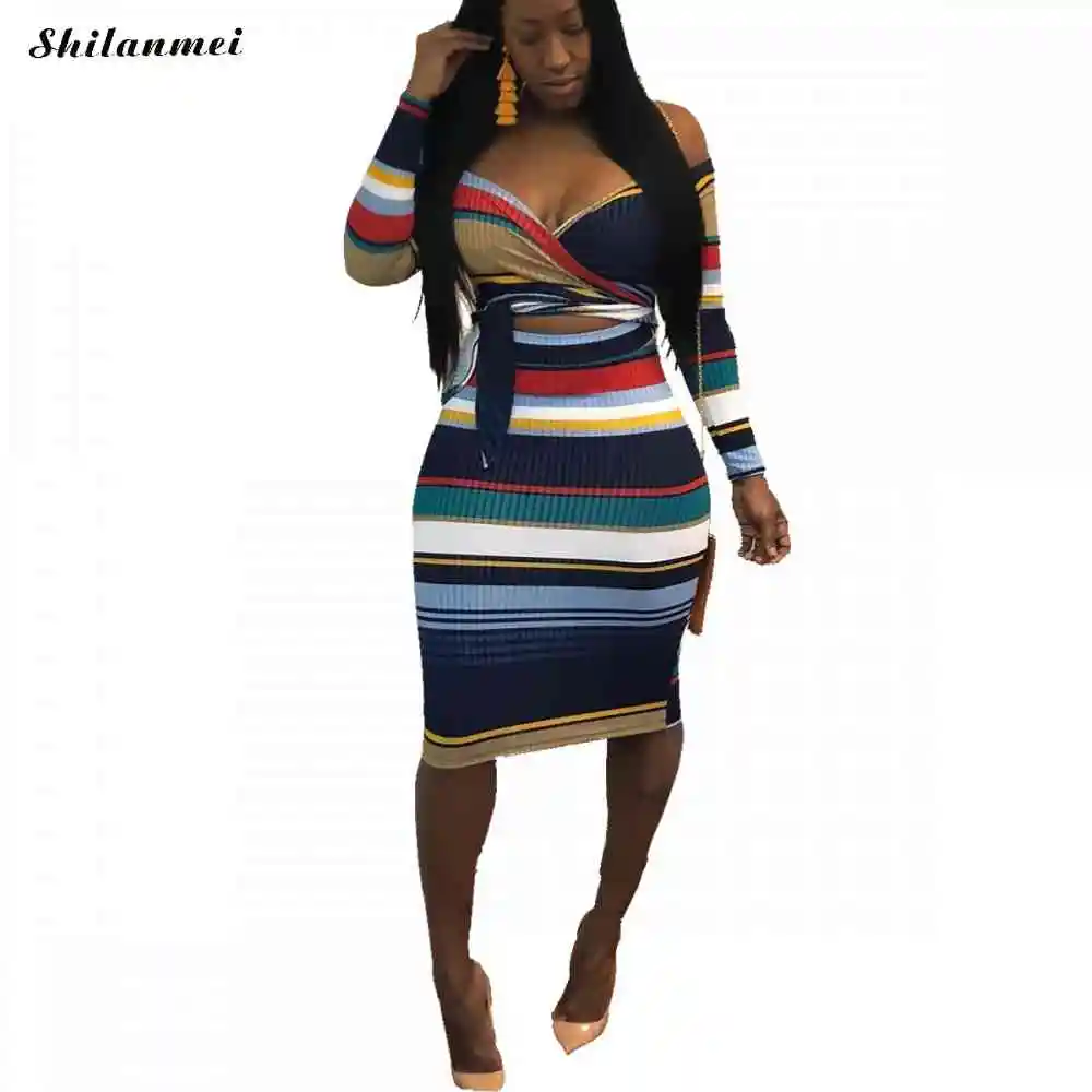 

Off Shoulder Bow Bandage Dress Colorful Striped Party Club Dresses Streetwear Women Autumn Hollow Long Sleeve Sexy Bodycon Dress