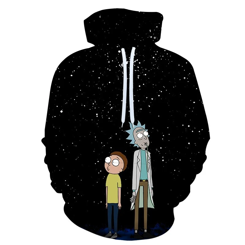 Черная толстовка с капюшоном 3D принтом Rick and Moti Зимняя Мужская модная