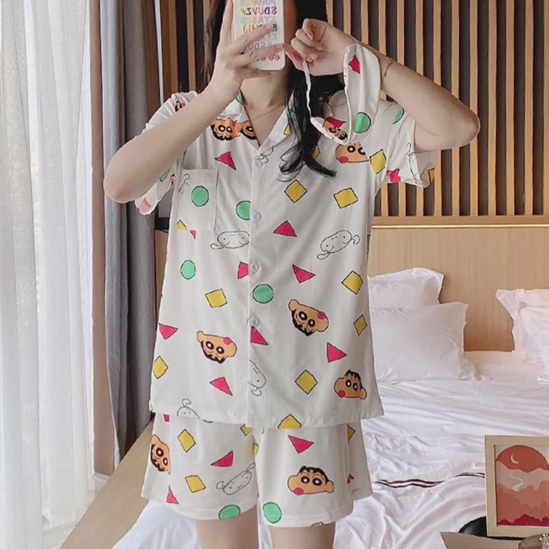 Anime Pijama Women Kawaii Homewear Crayon Print Short Tops Pants Casual Sleepwear Cute Shirts Summer New Pajama Student Cartoon