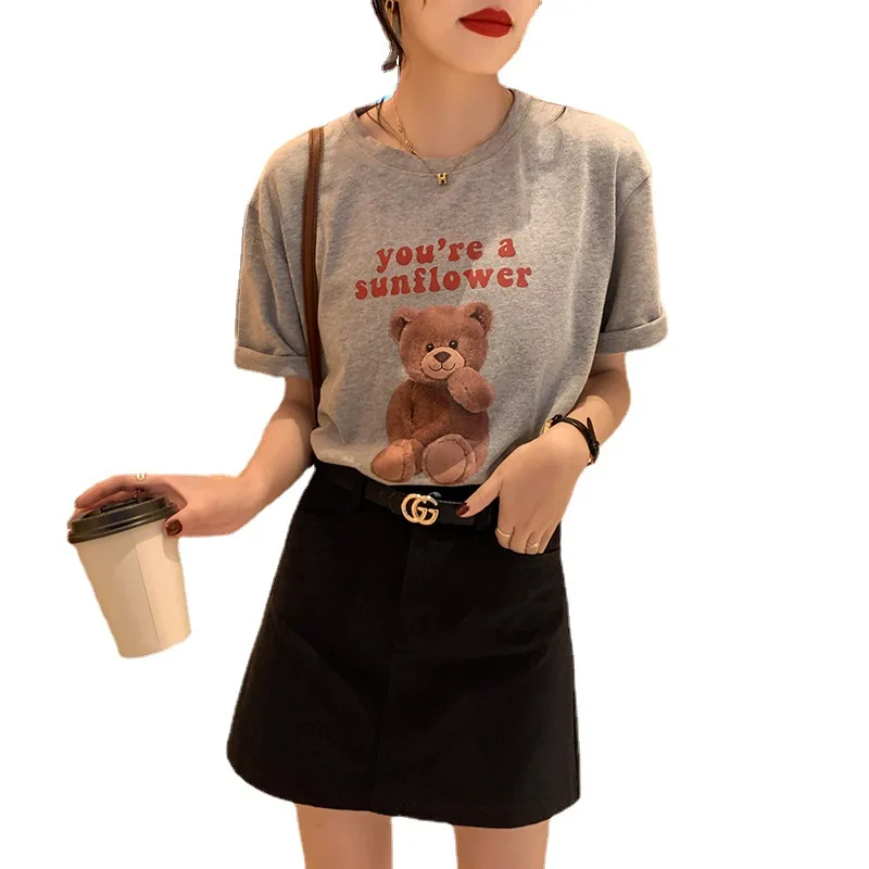 

CGC 100% Cotton Summer Woman T-shirts kawaii Bear Printing Oversized T-shirt Casual Korean Style Loose Top Female O-neck Tees