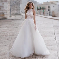 charming tulle court train a line bridal gowns halter sleeveless white ivory wedding dress vestido de novia with applique