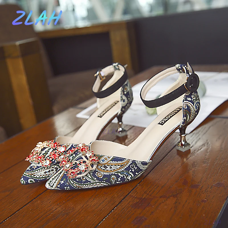 

Women's Fashion Crystal Stilettos Zlah Wedding Shoes Sexy Pointed High Heels Red Party Ankle Strap Ladies Sandals Women Pumps