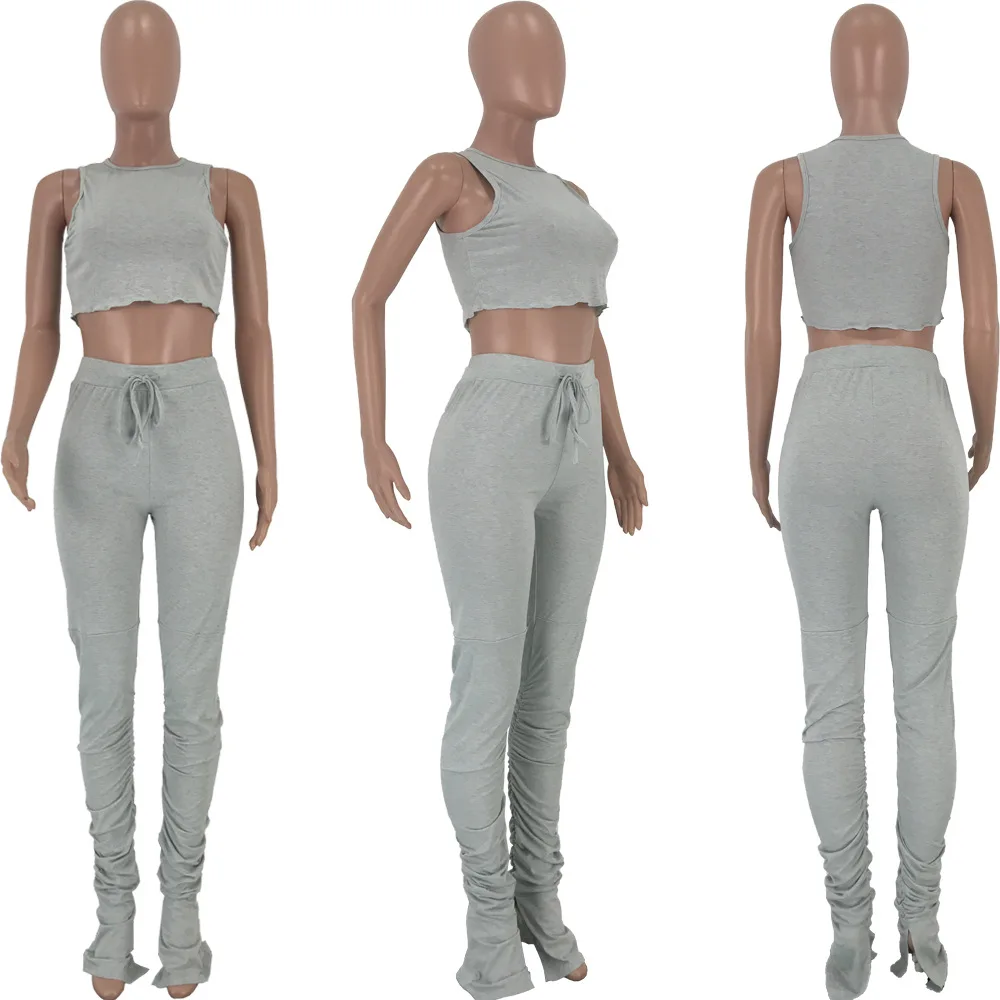 Casual Women Stacked Pants Joggers Set Sleeveless Crop Top + Long Tracksuit Clothes For Pare Gray Color |