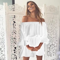 off shoulder sexy solid color dress summer women clothing new fashion one word collar high waist lotus sleeve a line short skirt